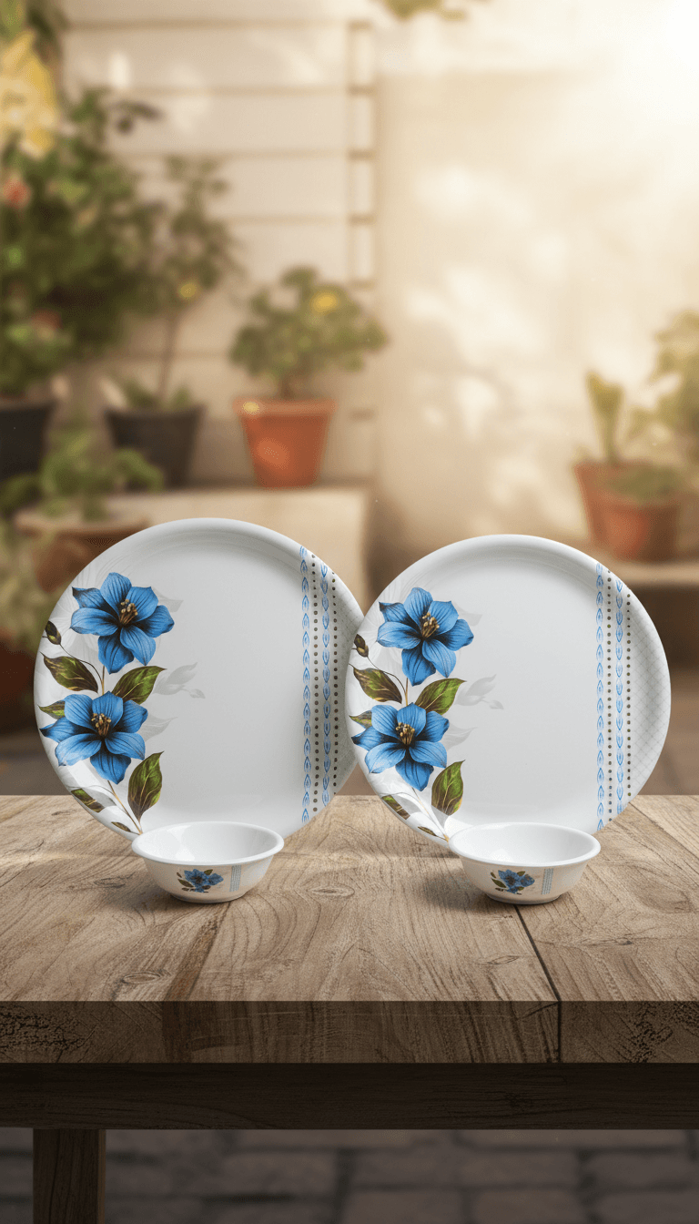 Apeiron Melamine Boss Blue Flower Print 04 PCS Dinner Set (2 Full Plate, 2 Bowls)