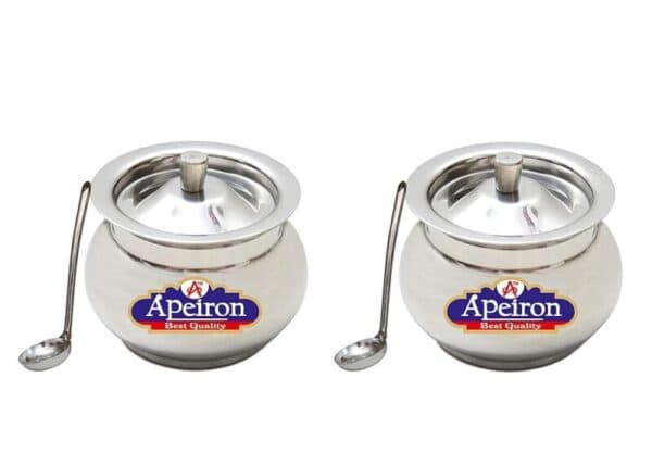 Stainless Steel Ghee/Oil Pot with Spoon and Lid - 450 ml (Pack of 2, Kalash Shape)